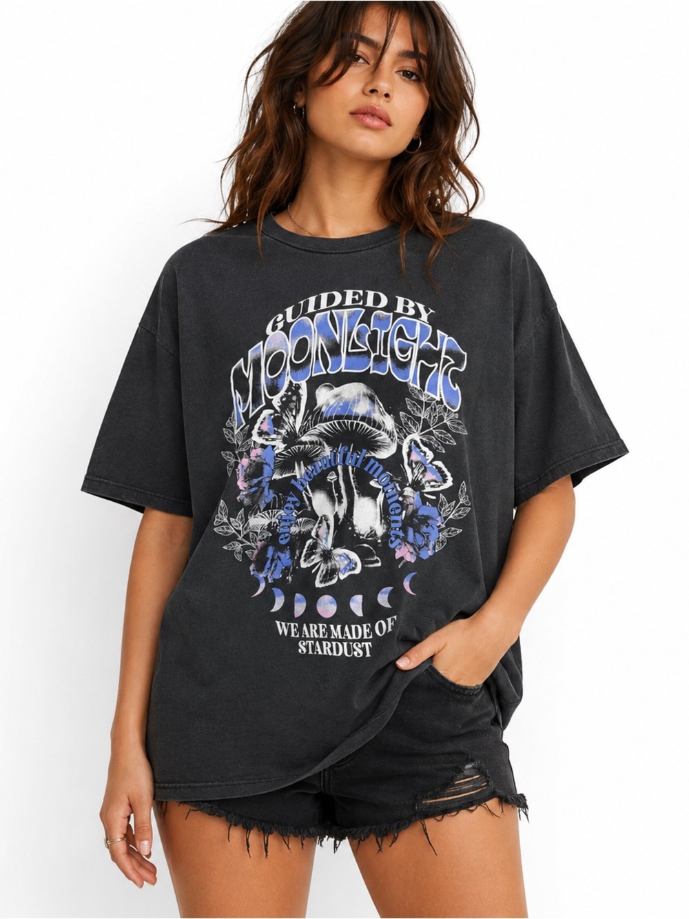 Guided By Moonlight Tee XL Faded Black Mushroom Butterfly Witchy Celestial Moon